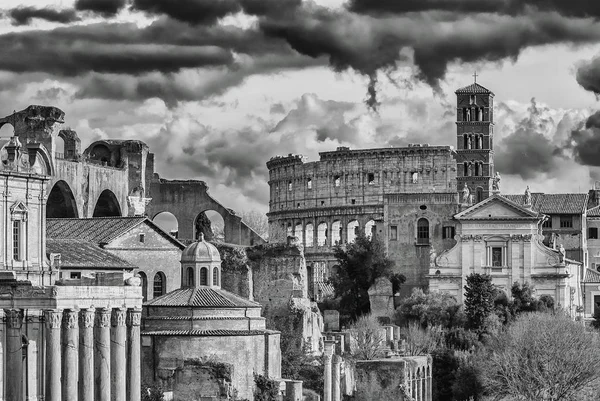 Rome historic center antiquities and monuments in black and white engraving or etching style