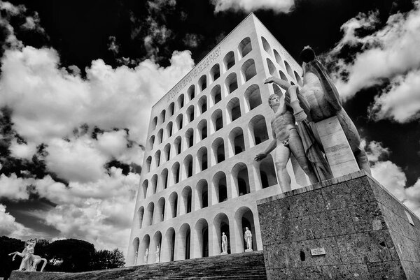 Rome, ITALY, MAY 5, 2012 - Palazzo della Civilt Italiana (or Square Coliseum) built for the 1942 Universal Exposition and now the symbol of the modern Eur District in Rome (Black and White)