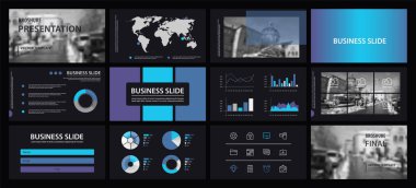 Bu şablon en iyisi olarak pazarlama ve reklam, broşür ve afiş, faaliyet raporu içinde kullanılan bir iş sunumu. Öğeleri bir koyu gri arka plan üzerinde