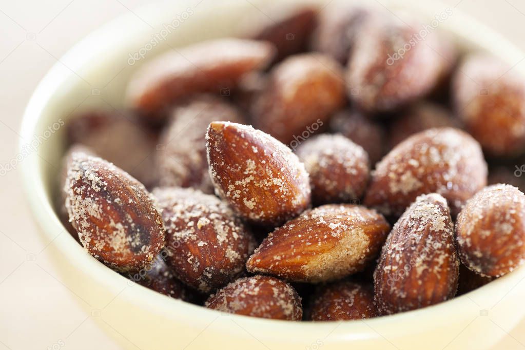 Close-up of salted almonds in a bowl