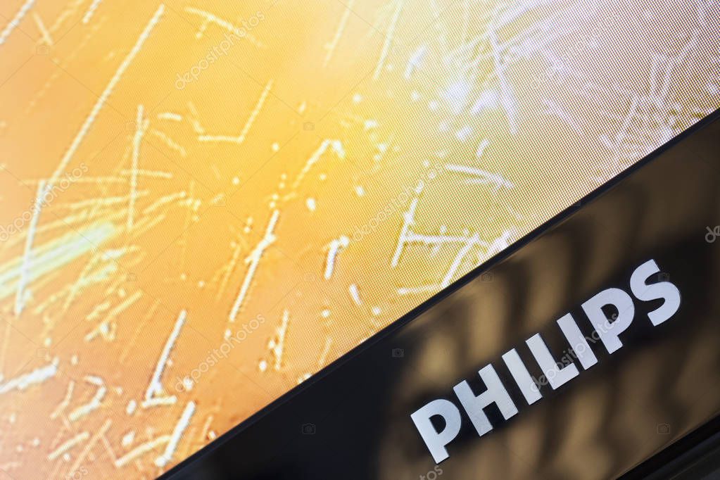 Rotterdam, Netherlands  October 9, 2019: Closeup of a Philips tv screen with brand name