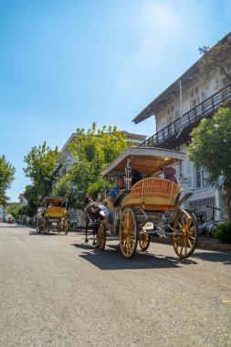 Istanbul, Türkiye, 20 Ağustos 2018: Buyukada ada sokak görünümü. Koç ve atlara Buyukada, Prens Adaları Istanbul bölgesinde