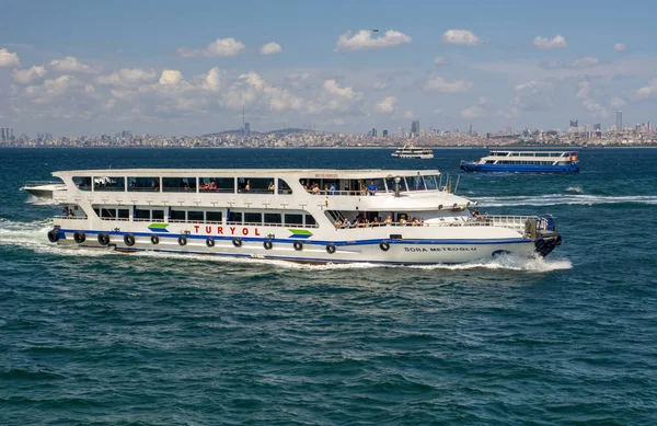 Istanbul, Türkiye 01 Ocak 2019: Türkiye'de Müslüman mimarisi ve su taşıma - güzel manzara turistik yerlerinden denizden Boğaz üzerinde yolculuk. Cityscape gün batımında - Istanbul 'un eski Camii ve Türk vapurlar, görüntülemek Haliç '.