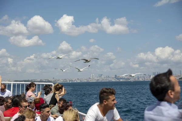 2018 日にトルコのイスタンブール 旅客船 トルコで人気の海の航海の旅行 トルコ汽船 イスタンブールのカモメと海の風景とボスポラス海峡 イスタンブール ツアー ボスポラス橋のための海洋の旅行 — ストック写真