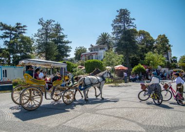 Istanbul, Türkiye, 20 Ağustos 2018: Buyukada ada sokak görünümü. Koç ve atlara Buyukada, Prens Adaları Istanbul bölgesinde
