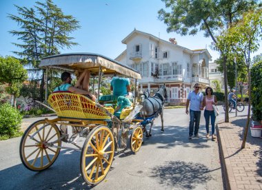 Istanbul, Türkiye, 20 Ağustos 2018: Buyukada ada sokak görünümü. Koç ve atlara Buyukada, Prens Adaları Istanbul bölgesinde