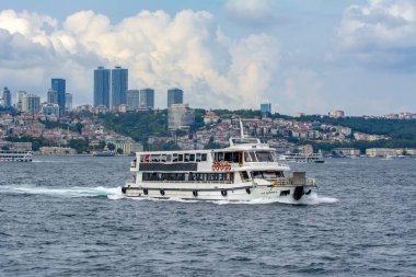 Istanbul, Türkiye 01 Ocak 2019: Türkiye'de Müslüman mimarisi ve su taşıma - güzel manzara turistik yerlerinden denizden Boğaz üzerinde yolculuk. Cityscape gün batımında - Istanbul 'un eski Camii ve Türk vapurlar, görüntülemek Haliç '.