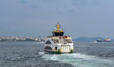 Istanbul, Türkiye 01 Ocak 2019: Türkiye'de Müslüman mimarisi ve su taşıma - güzel manzara turistik yerlerinden denizden Boğaz üzerinde yolculuk. Cityscape gün batımında - Istanbul 'un eski Camii ve Türk vapurlar, görüntülemek Haliç '.