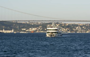 Istanbul, Türkiye 01 Ocak 2019: Türkiye'de Müslüman mimarisi ve su taşıma - güzel manzara turistik yerlerinden denizden Boğaz üzerinde yolculuk. Cityscape gün batımında - Istanbul 'un eski Camii ve Türk vapurlar, görüntülemek Haliç '.