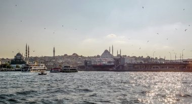 Istanbul, Türkiye 01 Ocak 2019: Türkiye'de Müslüman mimarisi ve su taşıma - güzel manzara turistik yerlerinden denizden Boğaz üzerinde yolculuk. Cityscape gün batımında - Istanbul 'un eski Camii ve Türk vapurlar, görüntülemek Haliç '.