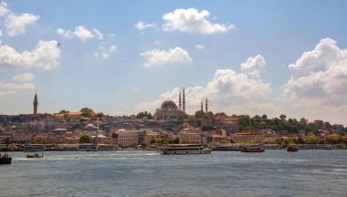 Istanbul, Türkiye 01 Ocak 2019: Türkiye'de Müslüman mimarisi ve su taşıma - güzel manzara turistik yerlerinden denizden Boğaz üzerinde yolculuk. Cityscape gün batımında - Istanbul 'un eski Camii ve Türk vapurlar, görüntülemek Haliç '.