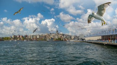 Istanbul, Türkiye, 20 Ağustos 2018: Galata Kulesi, Galata Köprüsü, Karaköy bölge ve Haliç, istanbul Türkiye