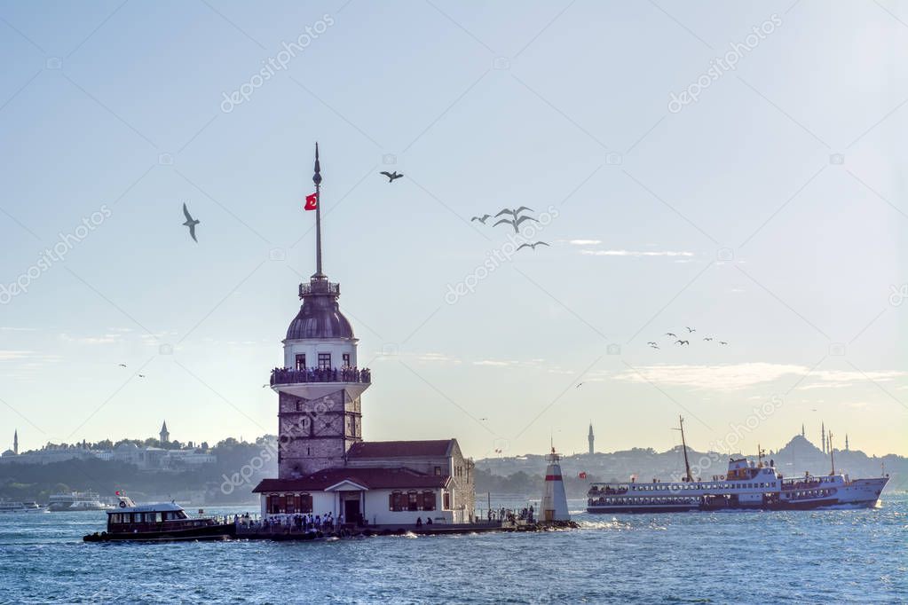 Maiden's Tower or Kiz Kulesi located in the middle of Bosporus, Istanbul 