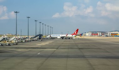 Istanbul, Türkiye - 28 Temmuz 2018: Pegasus Havayolları uçak Istanbul Sabiha Gökçen Uluslararası Havaalanı