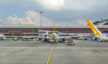 Istanbul, Türkiye - 28 Temmuz 2018: Pegasus Havayolları uçak Istanbul Sabiha Gökçen Uluslararası Havaalanı