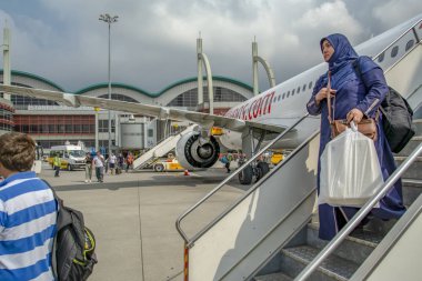 Istanbul, Türkiye - 28 Temmuz 2018: Pegasus Havayolları uçak Istanbul Sabiha Gökçen Uluslararası Havaalanı