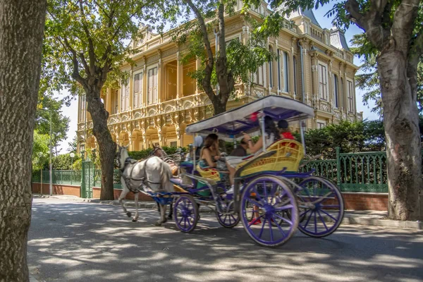 Istanbul, Türkiye, 20 Ağustos 2018: Buyukada ada sokak görünümü. Koç ve atlara Buyukada, Prens Adaları Istanbul bölgesinde