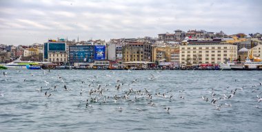 Istanbul, Türkiye 01 Ocak 2019: Türkiye'de Müslüman mimarisi ve su taşıma - güzel manzara turistik yerlerinden denizden Boğaz üzerinde yolculuk. Cityscape gün batımında - Istanbul 'un eski Camii ve Türk vapurlar, görüntülemek Haliç '.