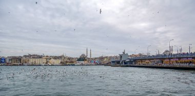 Istanbul, Türkiye 01 Ocak 2019: Türkiye'de Müslüman mimarisi ve su taşıma - güzel manzara turistik yerlerinden denizden Boğaz üzerinde yolculuk. Cityscape gün batımında - Istanbul 'un eski Camii ve Türk vapurlar, görüntülemek Haliç '.