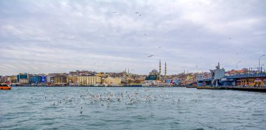 Istanbul, Türkiye 01 Ocak 2019: Türkiye'de Müslüman mimarisi ve su taşıma - güzel manzara turistik yerlerinden denizden Boğaz üzerinde yolculuk. Cityscape gün batımında - Istanbul 'un eski Camii ve Türk vapurlar, görüntülemek Haliç '.