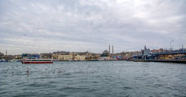 Istanbul, Türkiye 01 Ocak 2019: Türkiye'de Müslüman mimarisi ve su taşıma - güzel manzara turistik yerlerinden denizden Boğaz üzerinde yolculuk. Cityscape gün batımında - Istanbul 'un eski Camii ve Türk vapurlar, görüntülemek Haliç '.