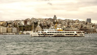 Yolcu seyahat gemi - Türkiye'de popüler deniz yolculuğu. İstanbul Boğazı ile Türk vapur - Istanbul deniz bir martı ile manzarası. Istanbul turları - Boğaziçi Köprüsü için deniz gezisi.