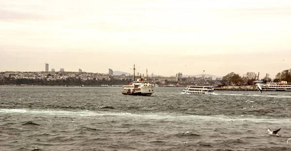 2019 トルコのイスタンブール トルコのイスラム建築と水輸送 海から美しい観光名所がボスポラス海峡を航海します 都市の景観アット サンセット イスタンブールの古いモスクとトルコの蒸気船 ゴールデンホーンの表示 — ストック写真