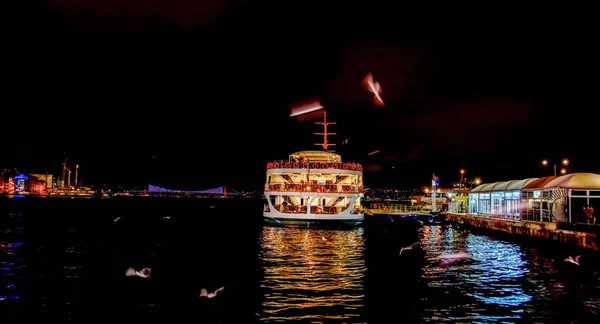 旅客の旅行船 トルコで人気の海の航海 トルコ汽船 イスタンブールのカモメと海の風景とボスポラス海峡 イスタンブール ツアー ボスポラス橋のための海洋の旅行 — ストック写真