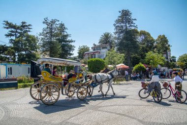 Istanbul, Türkiye, 20 Ağustos 2018: Buyukada ada sokak görünümü. Koç ve atlara Buyukada, Prens Adaları Istanbul bölgesinde