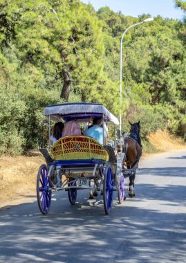 Istanbul, Türkiye, 20 Ağustos 2018: Buyukada ada sokak görünümü. Koç ve atlara Buyukada, Prens Adaları Istanbul bölgesinde