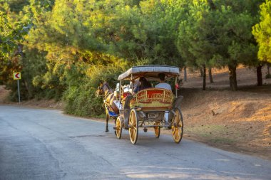 Istanbul, Türkiye, 20 Ağustos 2018: Buyukada ada sokak görünümü. Koç ve atlara Buyukada, Prens Adaları Istanbul bölgesinde