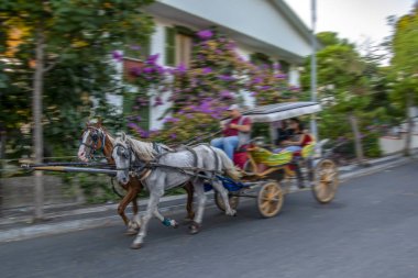 Istanbul, Türkiye, 20 Ağustos 2018: Buyukada ada sokak görünümü. Koç ve atlara Buyukada, Prens Adaları Istanbul bölgesinde