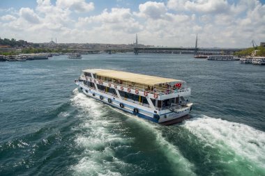 Istanbul, Türkiye 01 Ocak 2019: Türkiye'de Müslüman mimarisi ve su taşıma - güzel manzara turistik yerlerinden denizden Boğaz üzerinde yolculuk. Cityscape gün batımında - Istanbul 'un eski Camii ve Türk vapurlar, görüntülemek Haliç '.