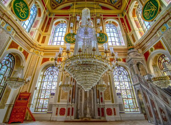 Interior of a Ortakoy mosque and Bosphorus bridge, Istanbul, Turkey