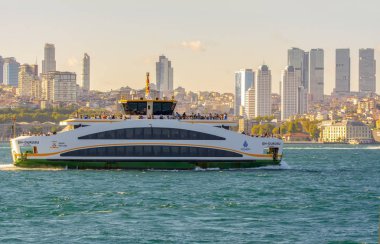 Istanbul, Türkiye 01 Ocak 2019: Türkiye'de Müslüman mimarisi ve su taşıma - güzel manzara turistik yerlerinden denizden Boğaz üzerinde yolculuk. Cityscape gün batımında - Istanbul 'un eski Camii ve Türk vapurlar, görüntülemek Haliç '.