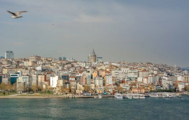 İstanbul, Türkiye 6 Nisan 2019: Boğaz'da deniz yolculuğundan turistik simgeleri görüntüleyin. Gün batımında İstanbul Şehir Manzarası - eski cami ve türk vapurları, Haliç manzarası
