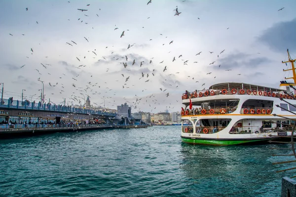 İstanbul, Türkiye 03 Nisan 2019: Türkiye'de Müslüman mimarisi ve su taşımacılığı - İstanbul Boğazı'nda deniz yolculuğundan gelen turistik manzaralar. Gün batımında İstanbul Şehir Manzarası - eski cami ve türk vapurları, Haliç manzarası.
