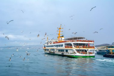 Türkiye'de Müslüman mimarisi ve su taşıma - güzel manzara turistik yerlerinden denizden Boğaz üzerinde yolculuk. Cityscape gün batımında - Istanbul 'un eski Camii ve Türk vapurlar, görüntülemek Haliç '.