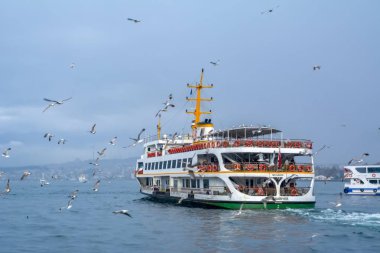 Türkiye'de Müslüman mimarisi ve su taşıma - güzel manzara turistik yerlerinden denizden Boğaz üzerinde yolculuk. Cityscape gün batımında - Istanbul 'un eski Camii ve Türk vapurlar, görüntülemek Haliç '.