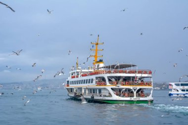 Türkiye'de Müslüman mimarisi ve su taşıma - güzel manzara turistik yerlerinden denizden Boğaz üzerinde yolculuk. Cityscape gün batımında - Istanbul 'un eski Camii ve Türk vapurlar, görüntülemek Haliç '.