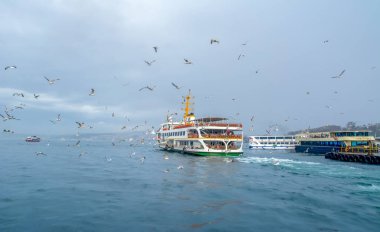 Türkiye'de Müslüman mimarisi ve su taşıma - güzel manzara turistik yerlerinden denizden Boğaz üzerinde yolculuk. Cityscape gün batımında - Istanbul 'un eski Camii ve Türk vapurlar, görüntülemek Haliç '.