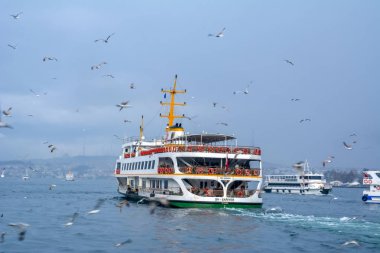 Türkiye'de Müslüman mimarisi ve su taşıma - güzel manzara turistik yerlerinden denizden Boğaz üzerinde yolculuk. Cityscape gün batımında - Istanbul 'un eski Camii ve Türk vapurlar, görüntülemek Haliç '.