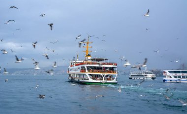 Türkiye'de Müslüman mimarisi ve su taşıma - güzel manzara turistik yerlerinden denizden Boğaz üzerinde yolculuk. Cityscape gün batımında - Istanbul 'un eski Camii ve Türk vapurlar, görüntülemek Haliç '.