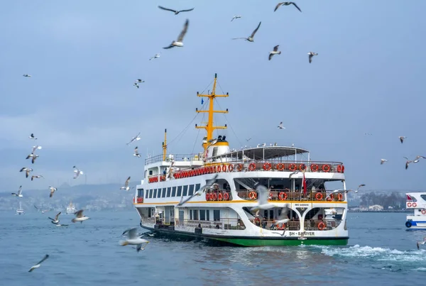 Türkiye'de Müslüman mimarisi ve su taşıma - güzel manzara turistik yerlerinden denizden Boğaz üzerinde yolculuk. Cityscape gün batımında - Istanbul 'un eski Camii ve Türk vapurlar, görüntülemek Haliç '.