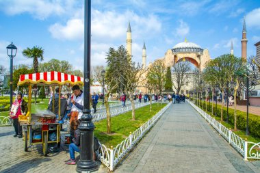 İstanbul Türkiye 04 Nisan 2019: Ayasofya, İstanbul Sultan Ahmet Meydanı'nda lale ve çeşmenin arkasında görülüyor