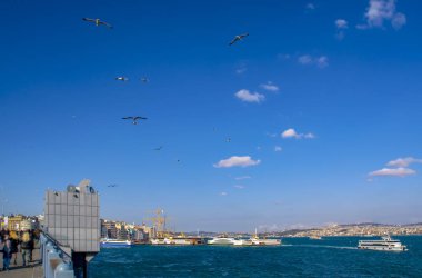 Türkiye'de Müslüman mimarisi ve su taşıma - güzel manzara turistik yerlerinden denizden Boğaz üzerinde yolculuk. Cityscape gün batımında - Istanbul 'un eski Camii ve Türk vapurlar, görüntülemek Haliç '.