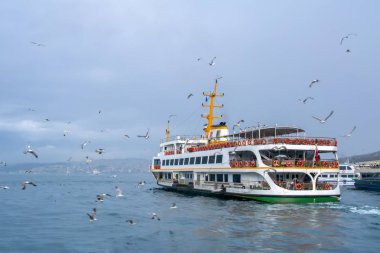 Türkiye'de Müslüman mimarisi ve su taşıma - güzel manzara turistik yerlerinden denizden Boğaz üzerinde yolculuk. Cityscape gün batımında - Istanbul 'un eski Camii ve Türk vapurlar, görüntülemek Haliç '.