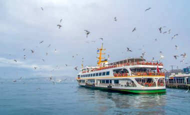Türkiye'de Müslüman mimarisi ve su taşıma - güzel manzara turistik yerlerinden denizden Boğaz üzerinde yolculuk. Cityscape gün batımında - Istanbul 'un eski Camii ve Türk vapurlar, görüntülemek Haliç '.