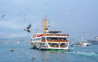 Türkiye'de Müslüman mimarisi ve su taşıma - güzel manzara turistik yerlerinden denizden Boğaz üzerinde yolculuk. Cityscape gün batımında - Istanbul 'un eski Camii ve Türk vapurlar, görüntülemek Haliç '.