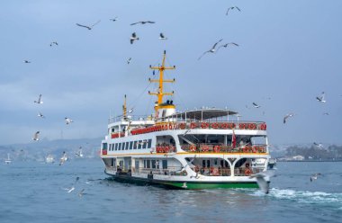 Türkiye'de Müslüman mimarisi ve su taşıma - güzel manzara turistik yerlerinden denizden Boğaz üzerinde yolculuk. Cityscape gün batımında - Istanbul 'un eski Camii ve Türk vapurlar, görüntülemek Haliç '.
